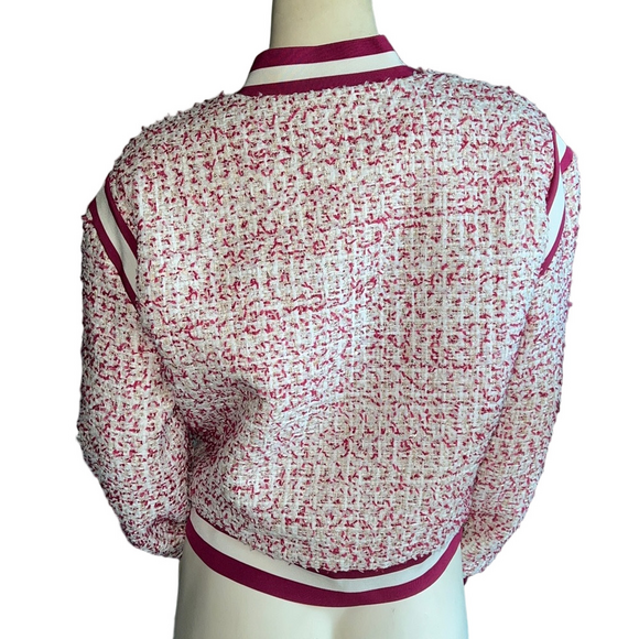 ALICE + OLIVIA Keri Varsity Bouclé-Tweed Bomber Jacket. Size Large. - Picture 10 of 12